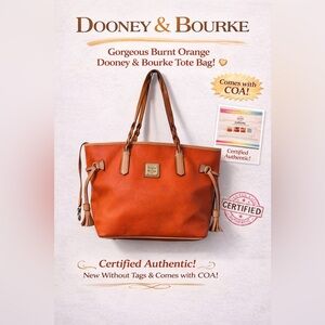 “Dooney & Bourke” Bailey Large Burnt Orange Tote Bag: NWOT w/COA